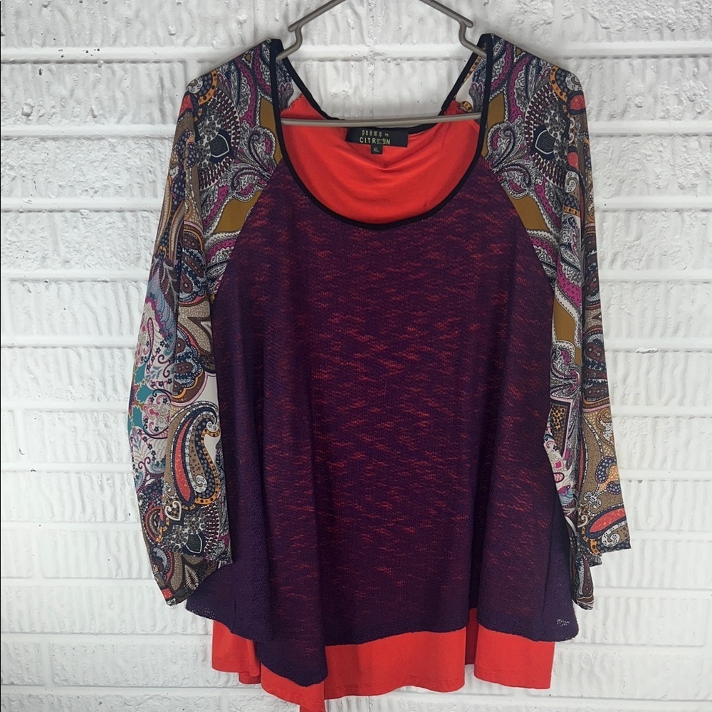 Poeme By Citron Purple and Orange Paisley Layered Long Sleeve Top